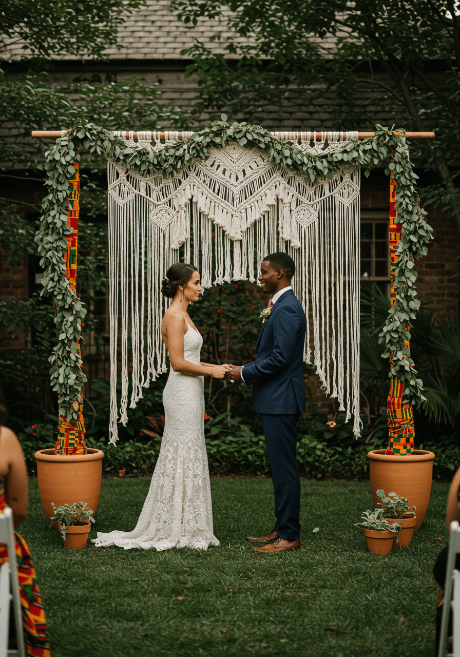Bride and groom exchanging vows under macrame arch decorated with vibrant kente cloth strips in gold, red, and green patterns during golden hour