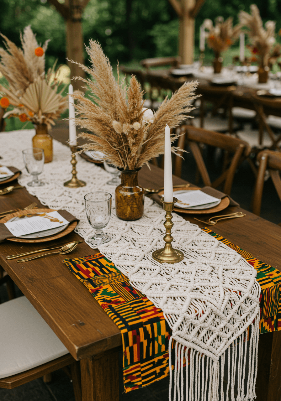 Wedding reception tablescape featuring macrame table runners interwoven with traditional kente cloth placemats in black, gold, and red patterns on wooden farm table