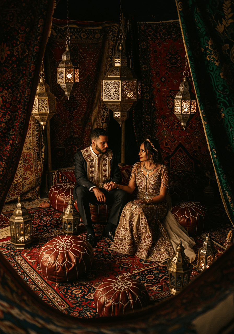 Intimate couple portrait inside decorated Moroccan tent with geometric patterns and hanging lanterns creating warm romantic lighting