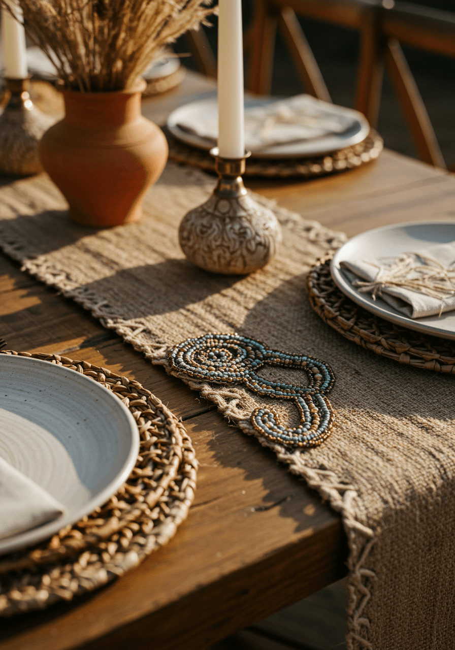 Close-up wedding reception tablescape with handwoven jute table runners, ceramic plates with natural glazes, and beaded centerpieces in rustic venue