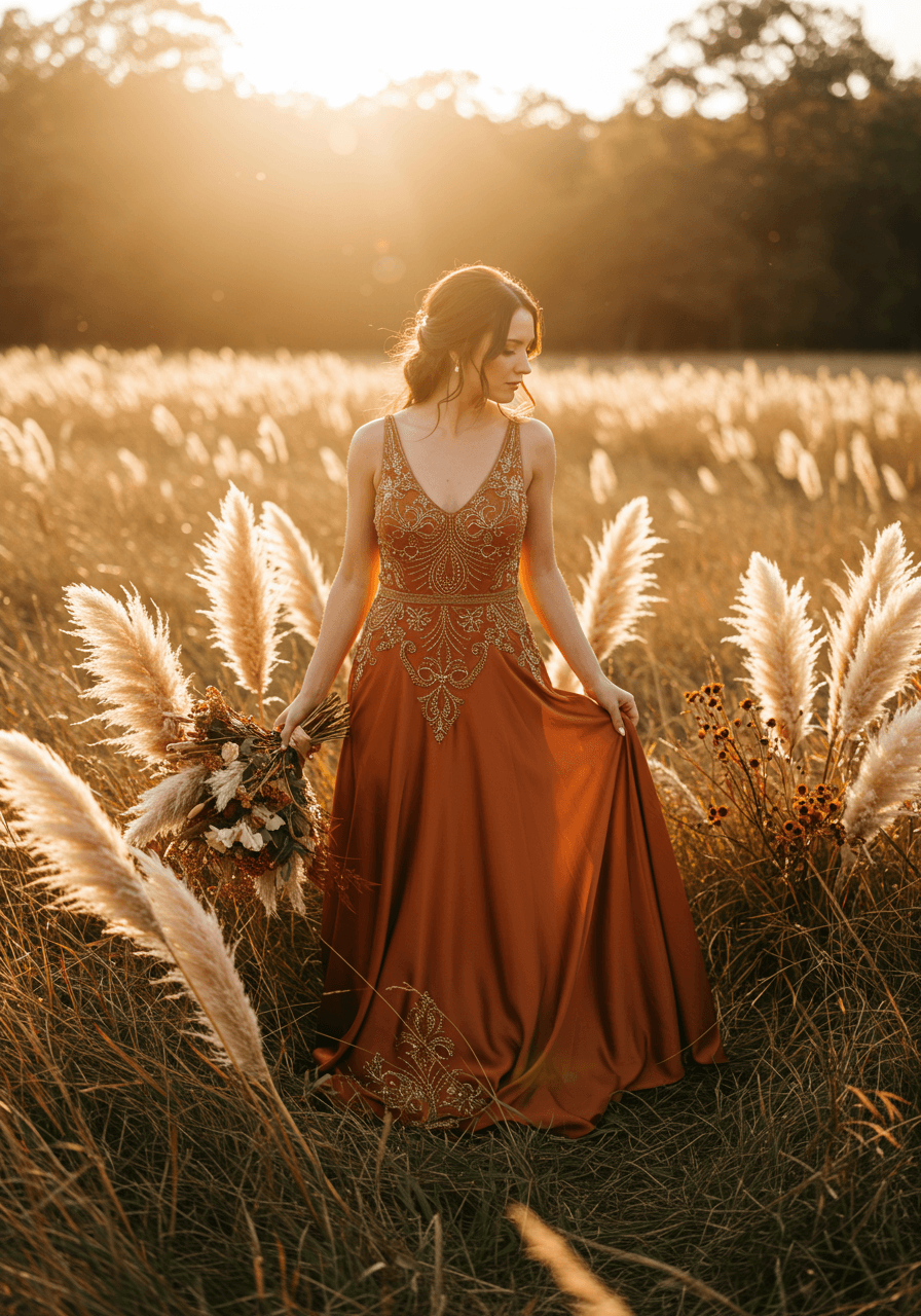 Bride wearing flowing terracotta-colored silk wedding dress with gold beadwork standing gracefully among tall pampas grass during golden hour