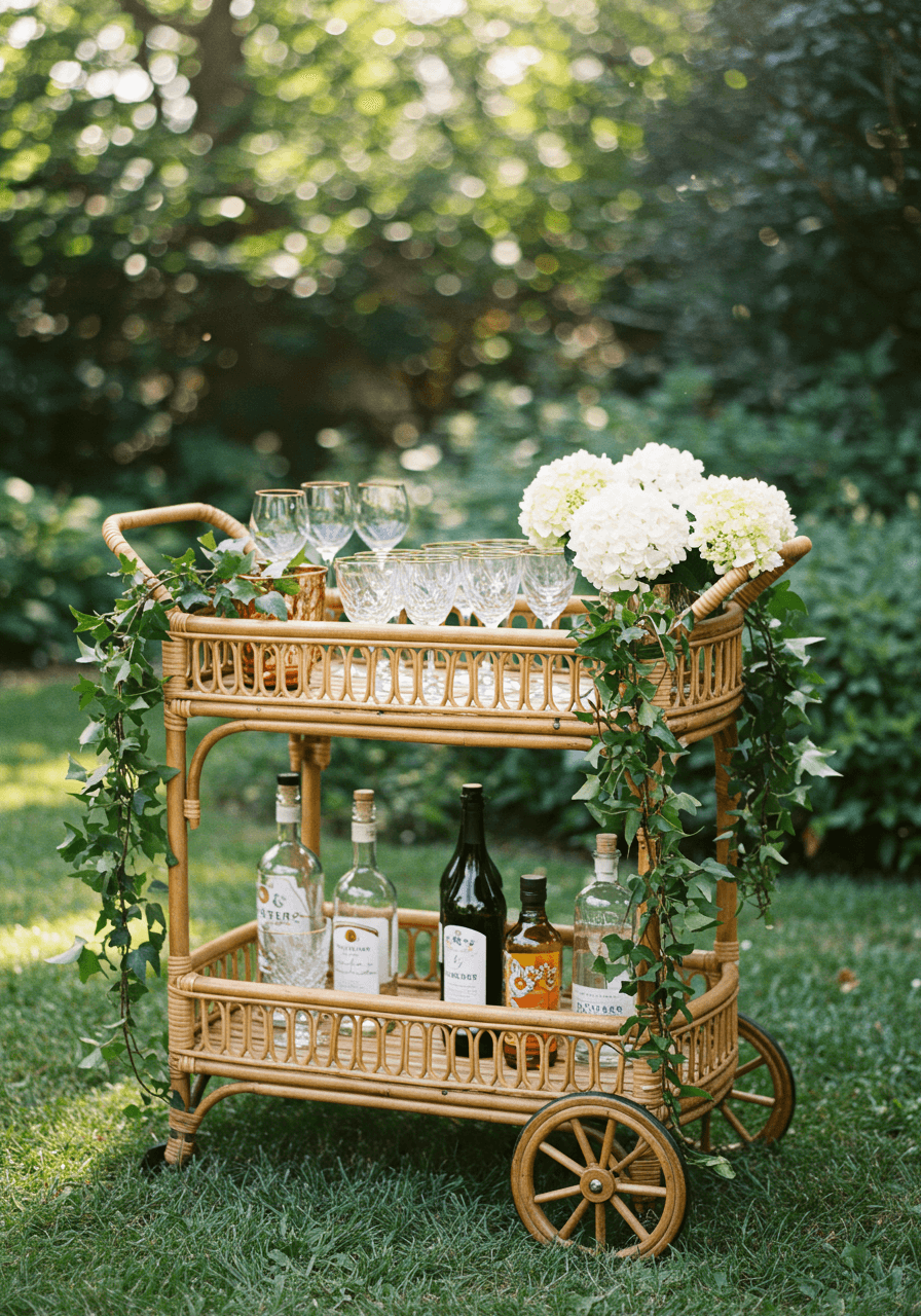 Detailed view of tiered rattan bar cart with trailing greenery and copper accents in morning garden light