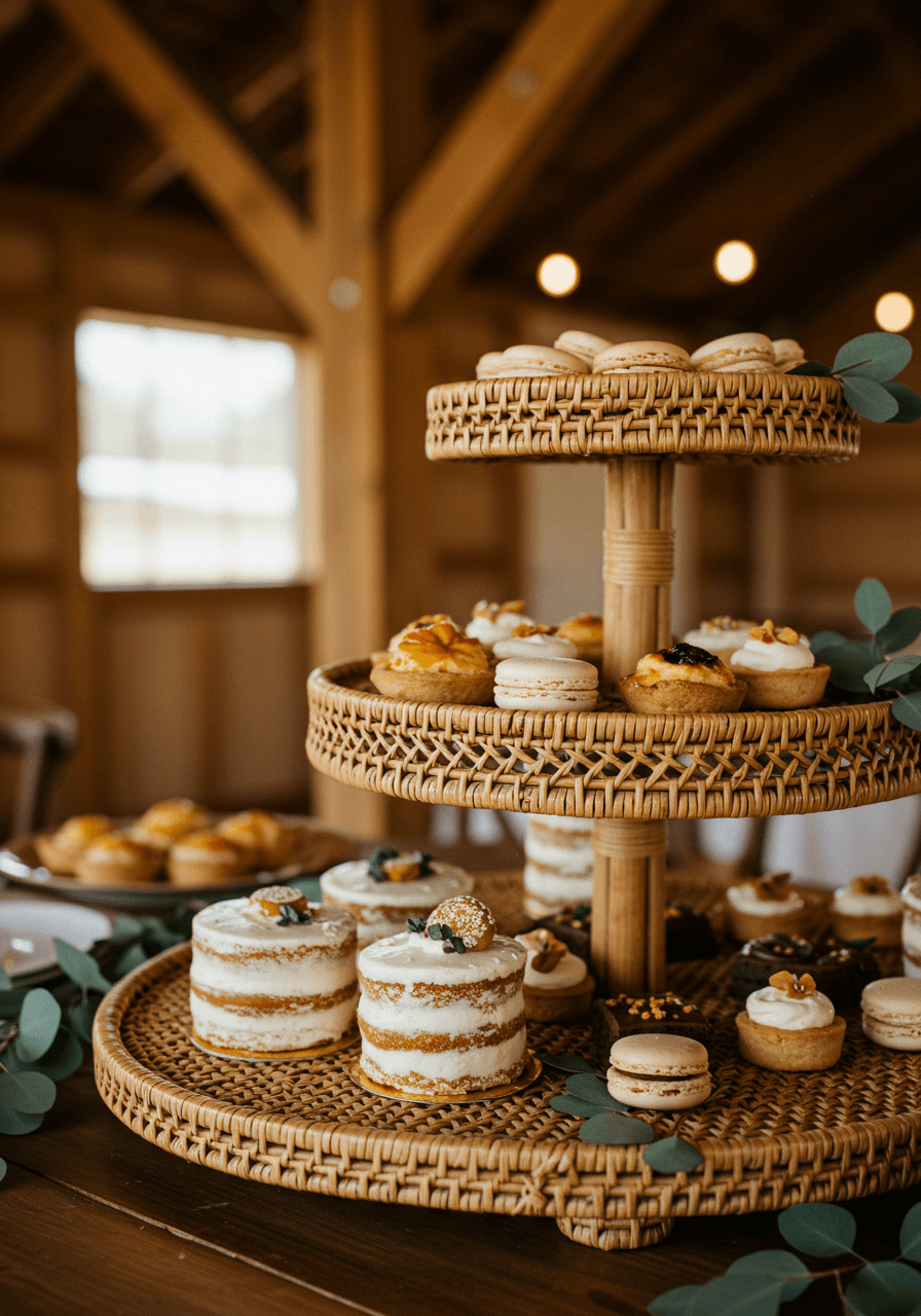 Multi-level rattan cake stand displaying wedding desserts and petit fours in bohemian venue with exposed wooden beams at golden hour