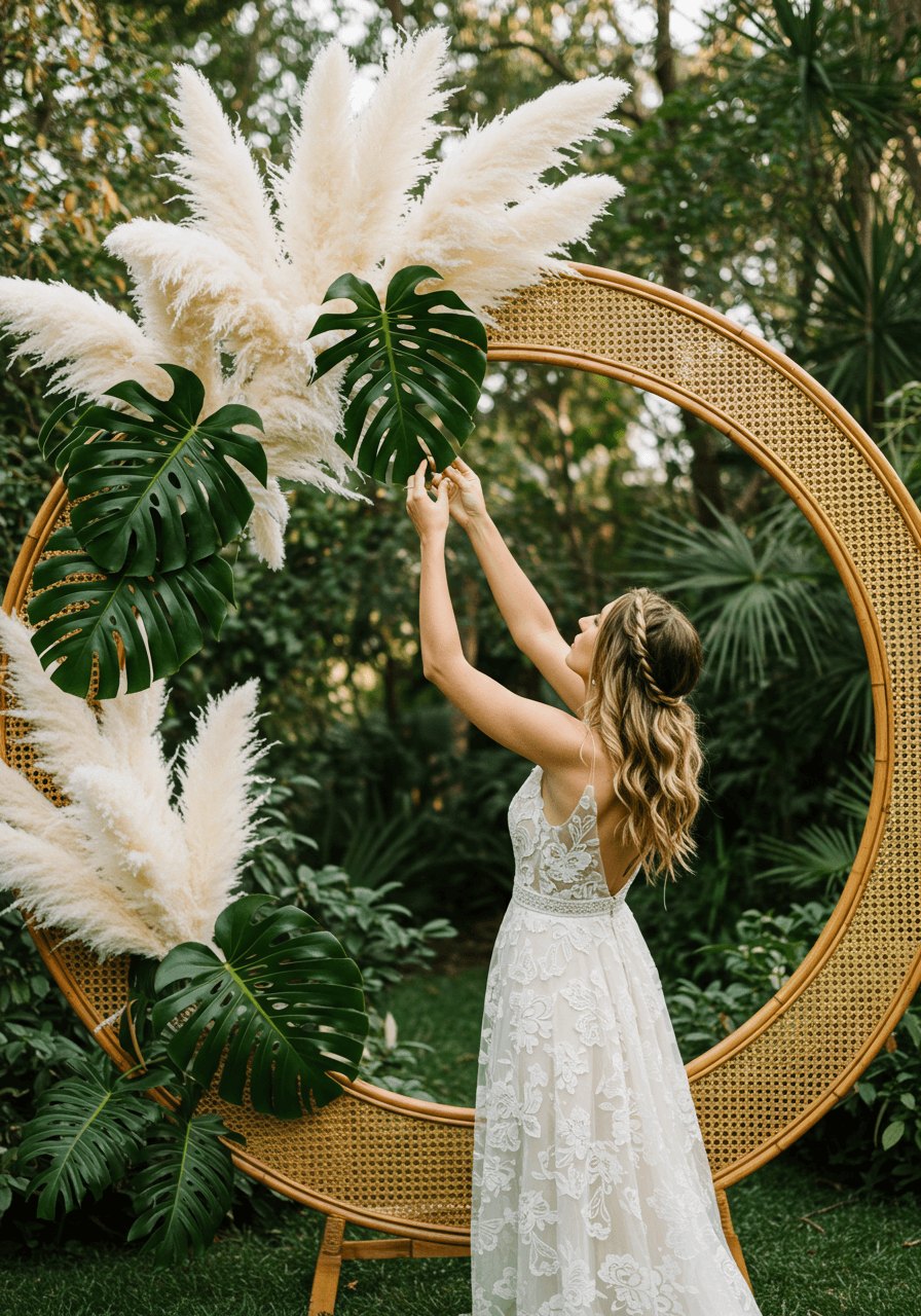 Bride adjusting white pampas grass and monstera leaves on circular rattan photo booth frame in lush tropical garden