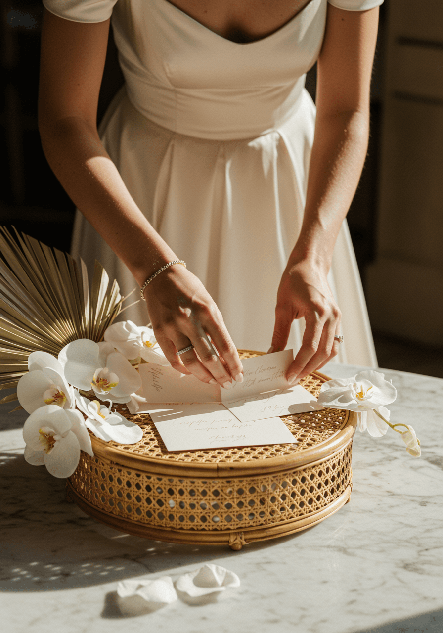 Bride's hands placing escort cards onto circular woven cane display with dried palm fronds and white orchids on marble table