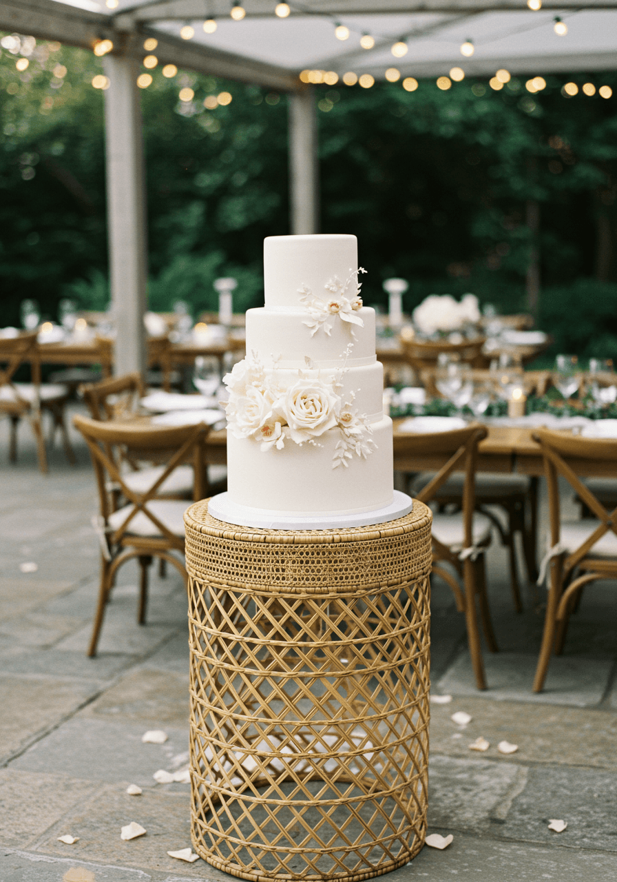 Three-tiered wedding cake on intricately woven cane stand with white fondant and sugar flowers at elegant outdoor reception
