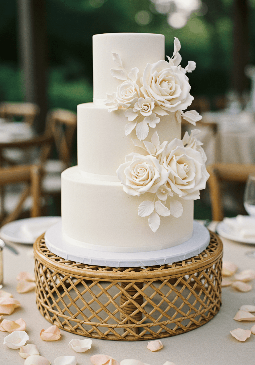 Detailed view of wedding cake on natural honey-coloured rattan cake stand showing intricate weaving pattern and delicate sugar flowers