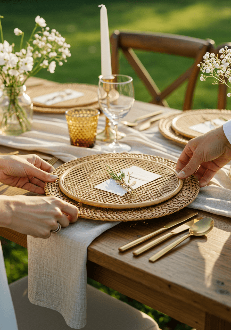 Hands placing woven cane charger plate on elegant outdoor wedding table with ivory linens and white florals at golden hour
