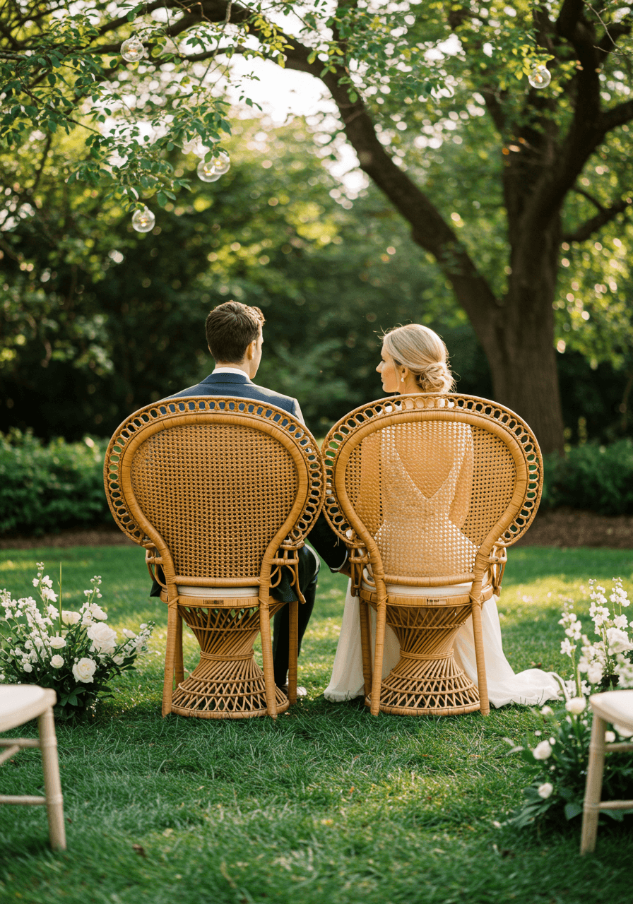 Bride and groom seated on intricately woven cane ceremony chairs in outdoor garden during golden hour