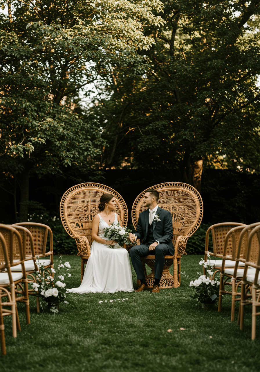 Wide view of couple in woven rattan ceremony chairs surrounded by white florals and lush garden greenery