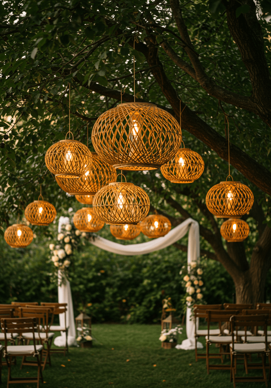 Collection of natural cane lanterns hanging at varying heights from tree branches in outdoor garden ceremony at golden hour