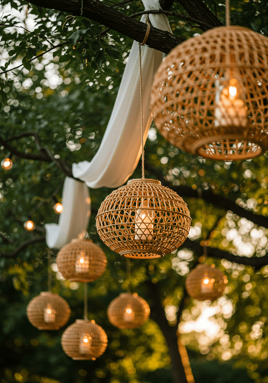 Woven cane lantern with warm candlelight glow suspended from tree branch surrounded by lush greenery