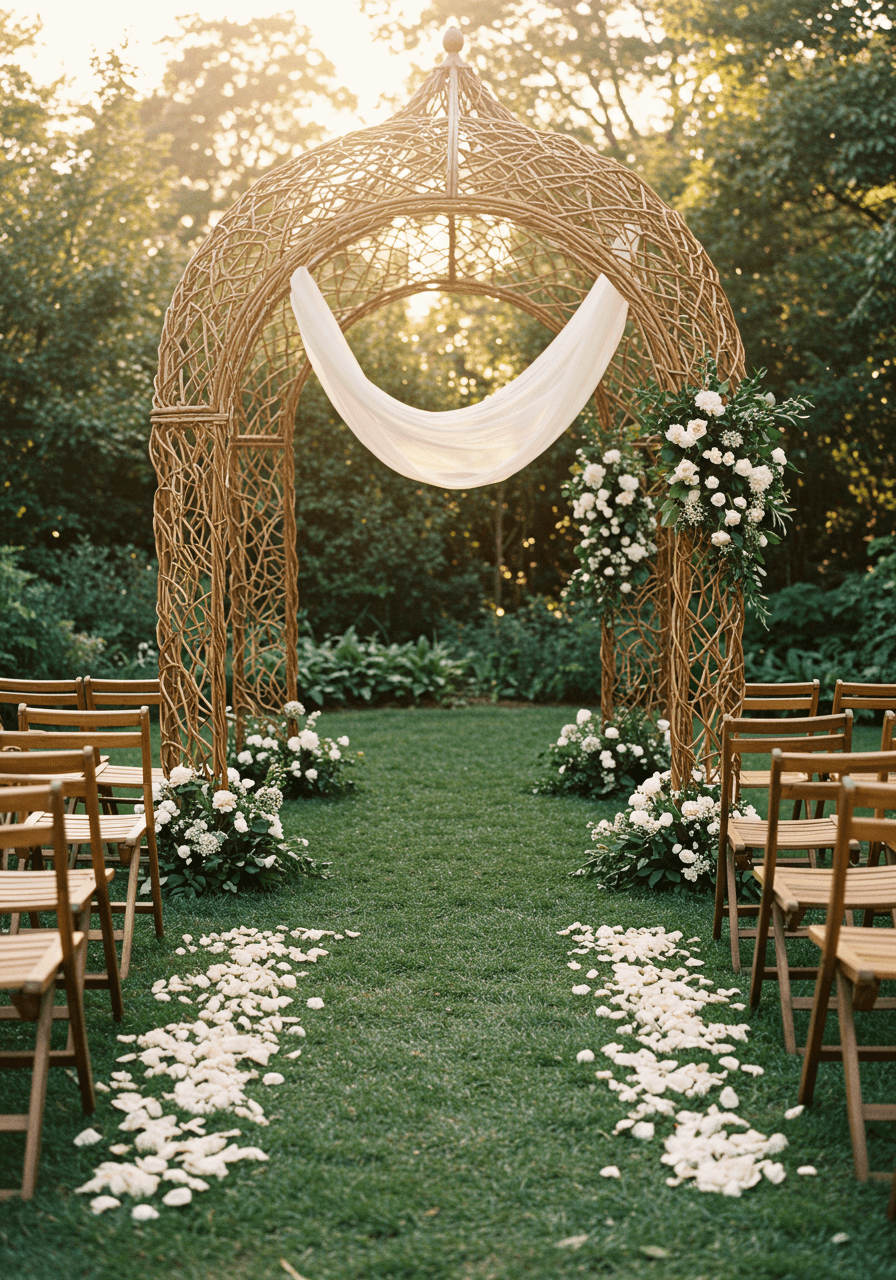 Natural cane wedding canopy arch in outdoor garden ceremony space with wooden chairs arranged in rows during golden hour