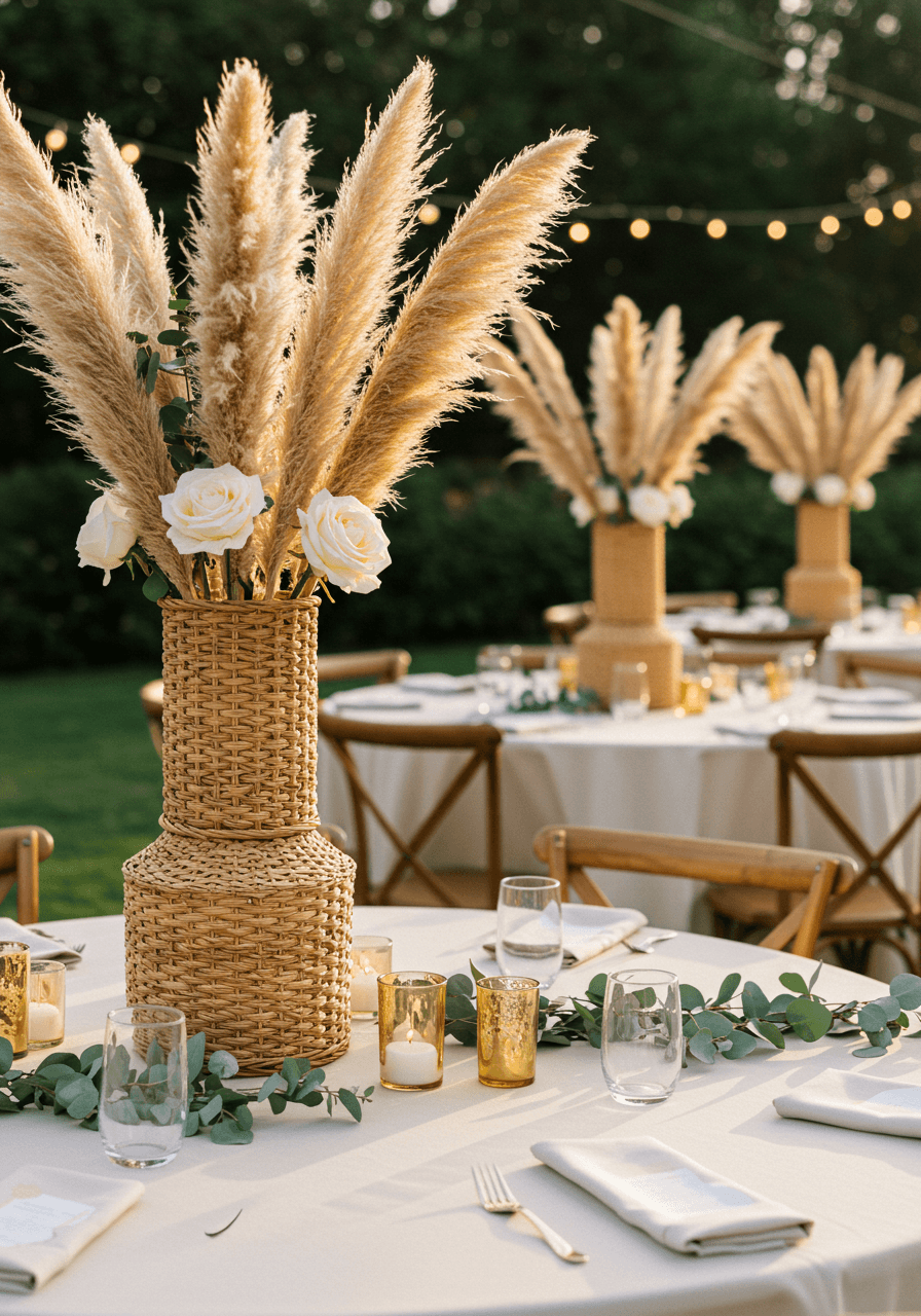 Tall rattan vase centrepiece with dried pampas grass and white roses on elegant round reception table at golden hour