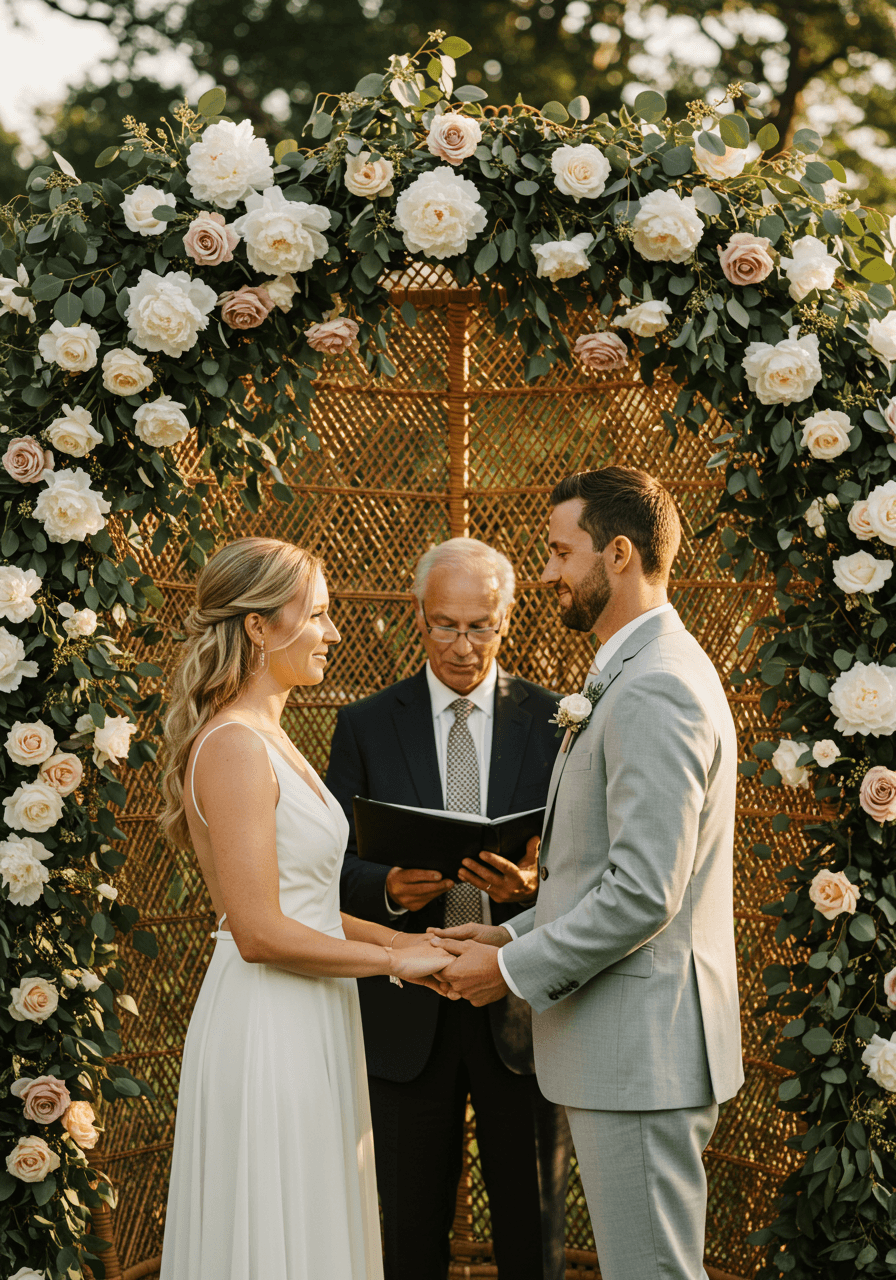 Detailed view of curved rattan arch texture with cascading white florals and greenery at outdoor garden wedding
