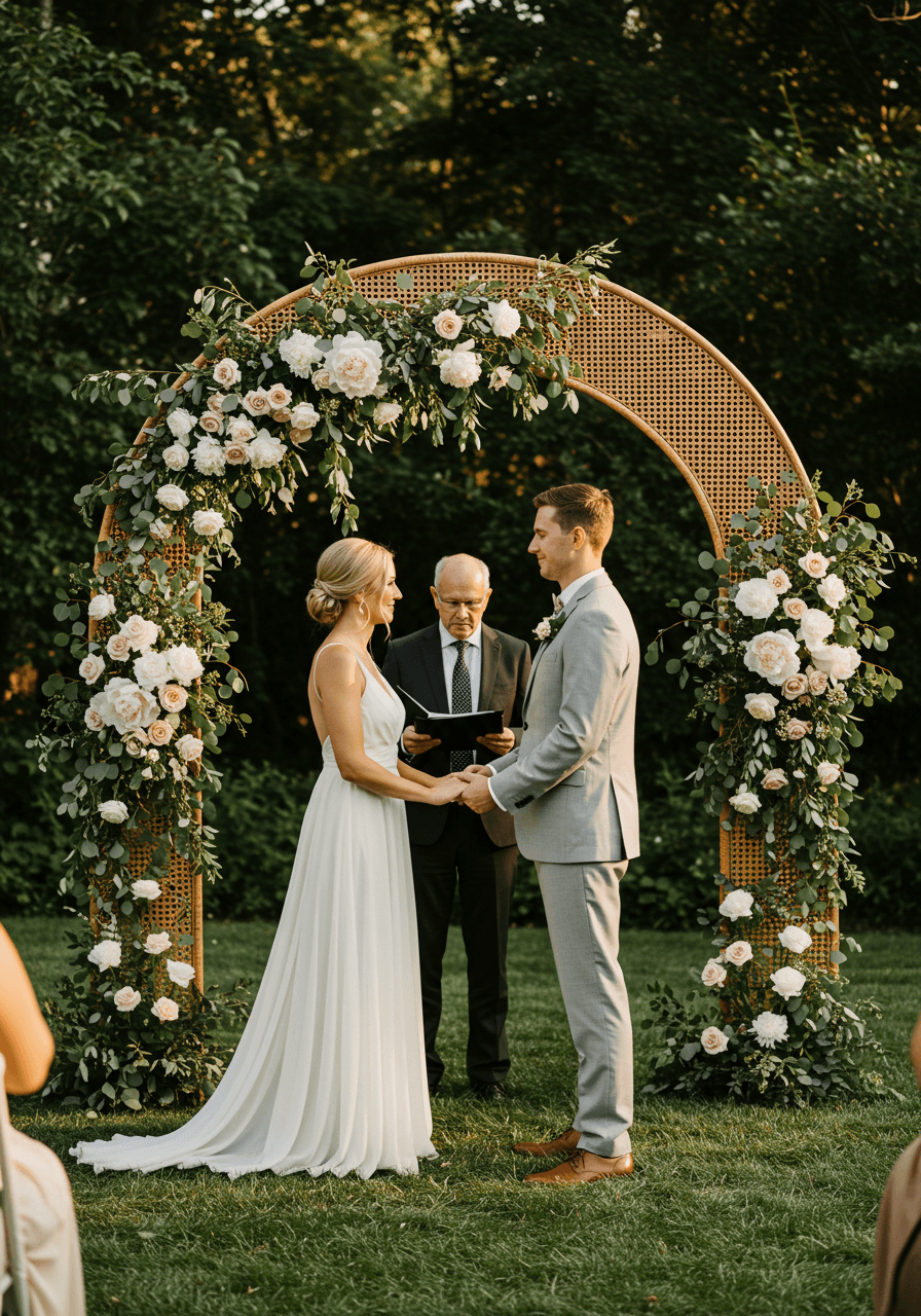 Bride and groom exchanging vows beneath curved rattan wedding arch adorned with white peonies and blush roses during golden hour ceremony