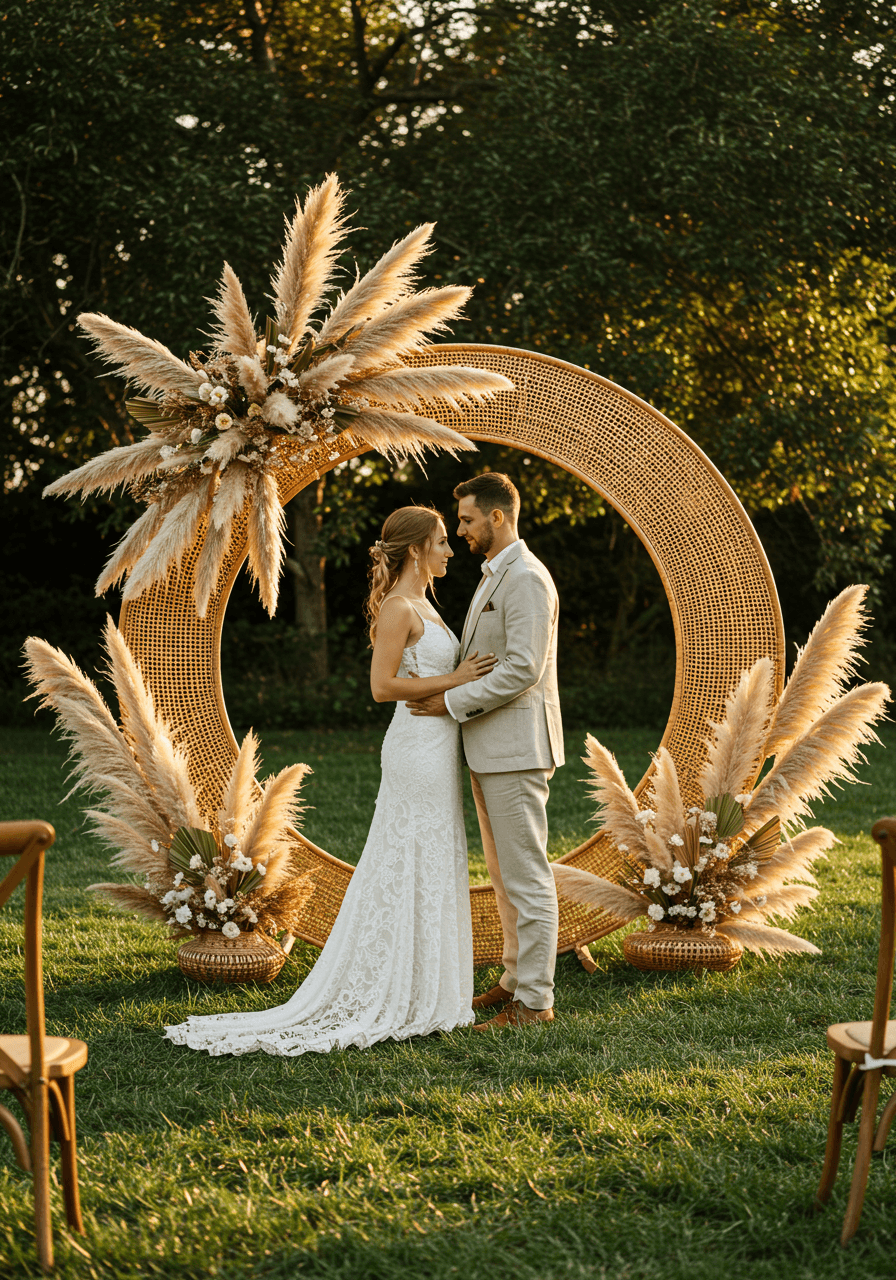 Bride and groom standing beneath elegant rattan arch decorated with flowing pampas grass in outdoor garden at golden hour