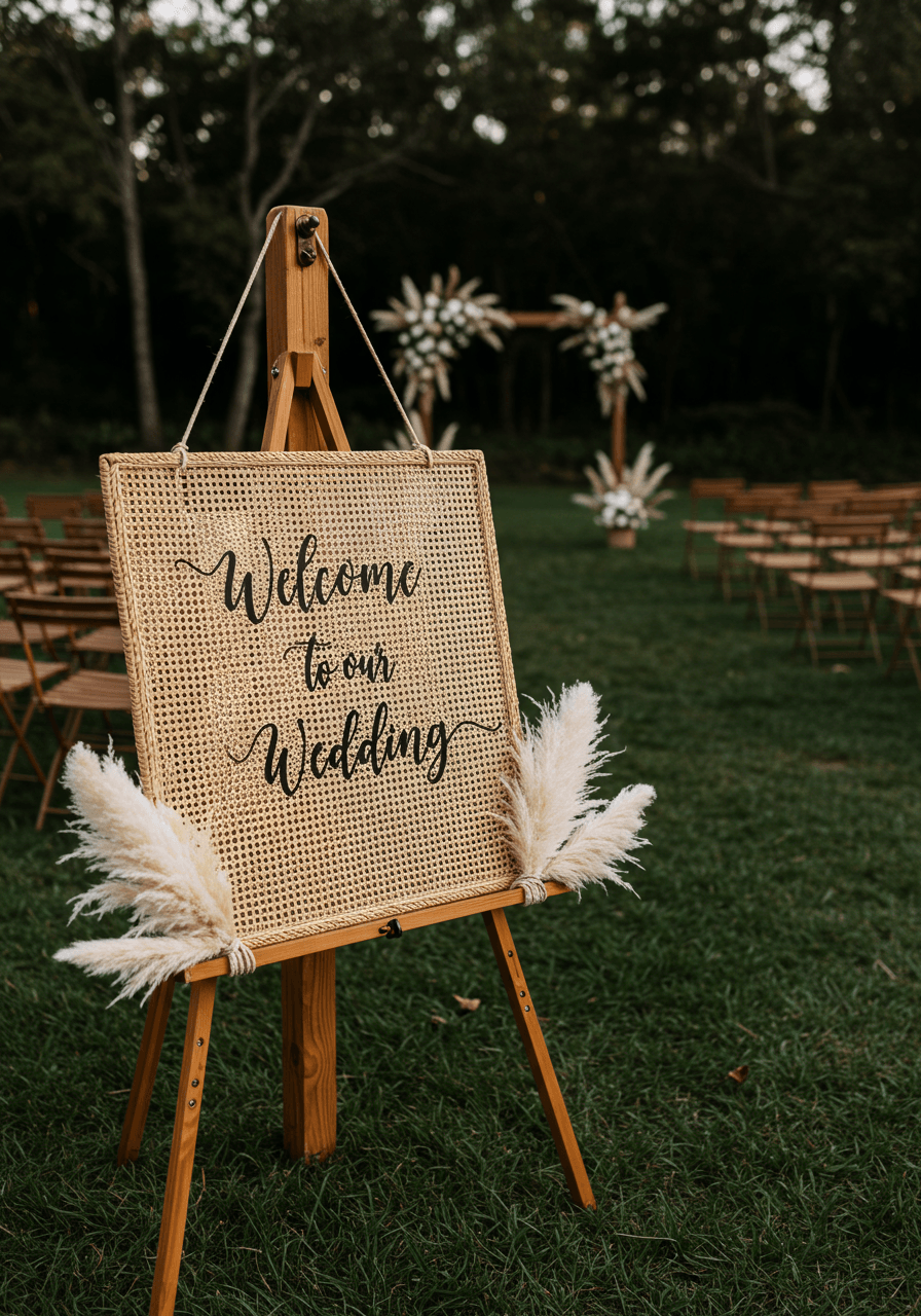 Detailed view of cane basketweave welcome sign showing elegant black calligraphy and jute rope binding with pampas accent