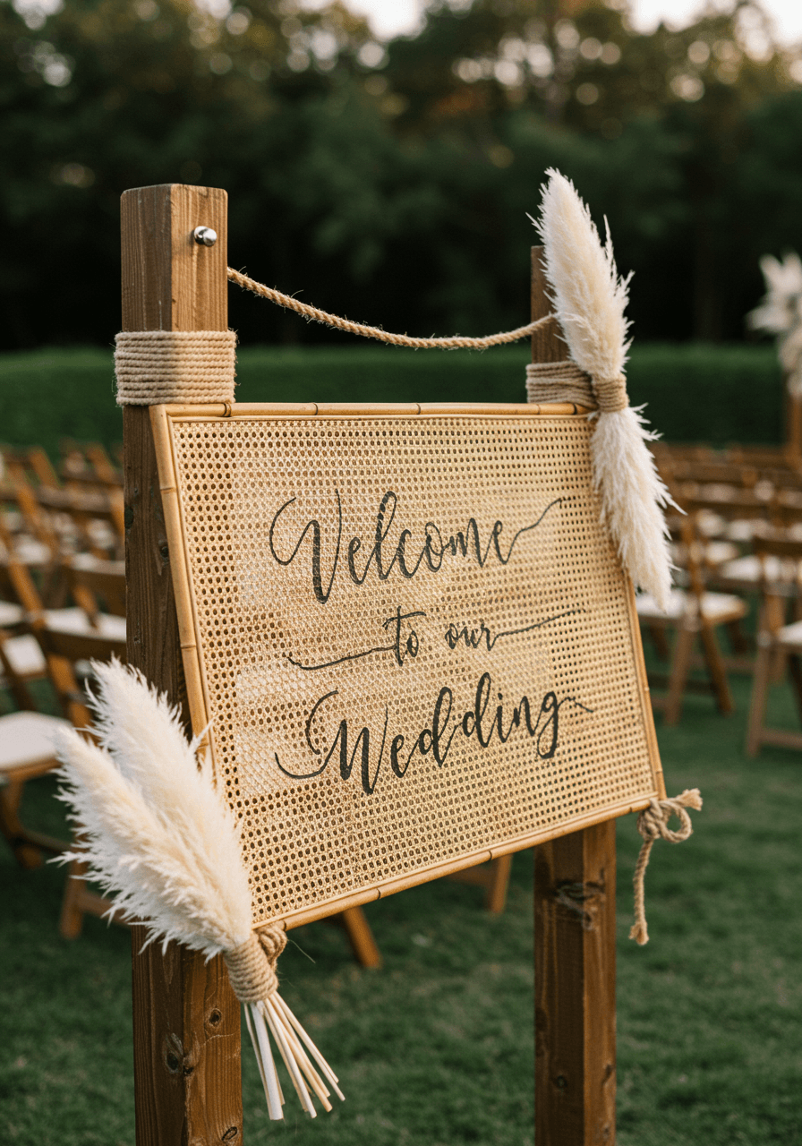 Handwoven cane welcome sign with flowing calligraphy suspended between wooden posts with natural rope at outdoor ceremony