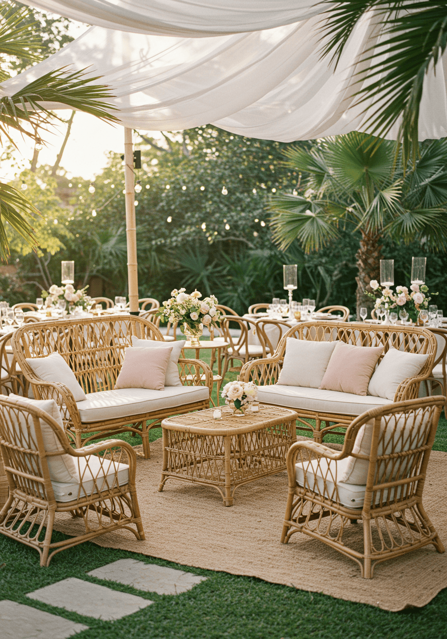 Intimate wedding lounge area with multiple woven cane furniture pieces arranged around low rattan coffee table at outdoor venue