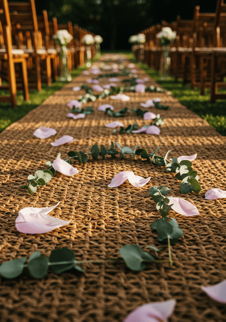 Macro detail of rattan weaving texture with scattered soft pink petals and silvery eucalyptus creating organic pattern