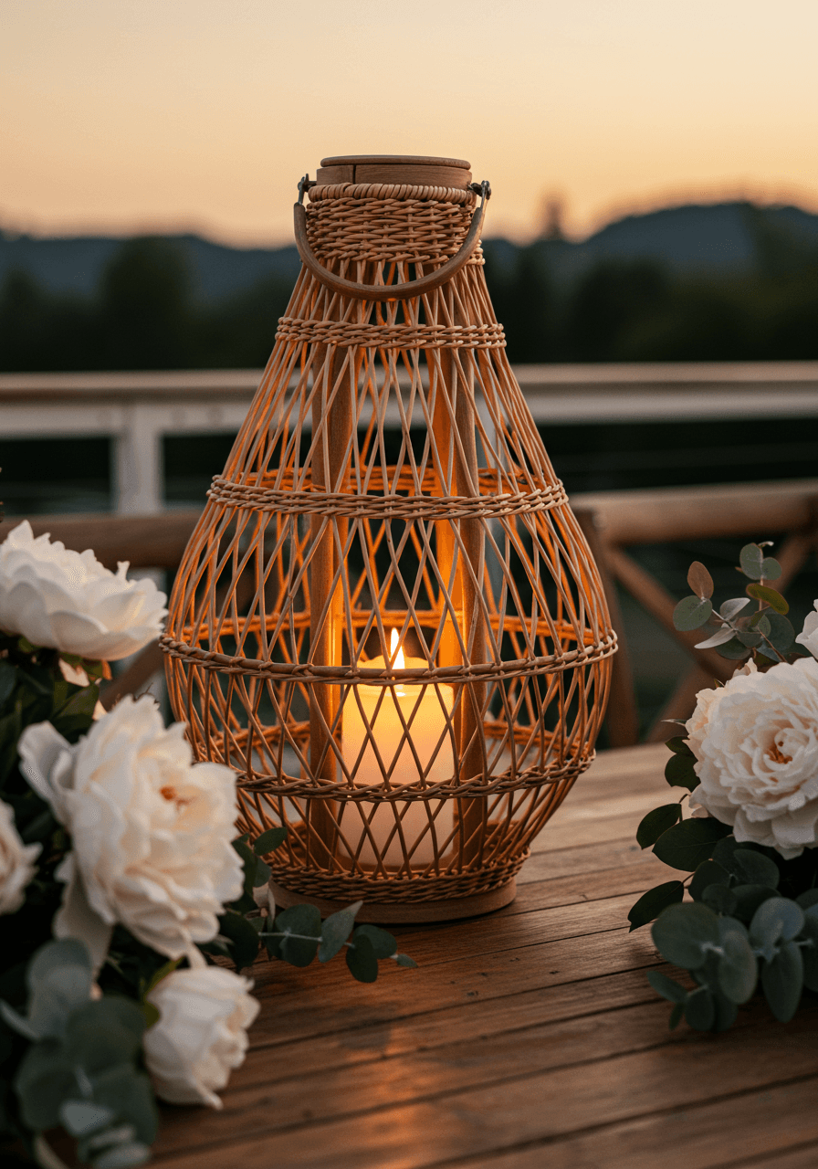 Large teardrop-shaped rattan lantern with intricate weaving surrounded by white peonies and eucalyptus at sunset terrace