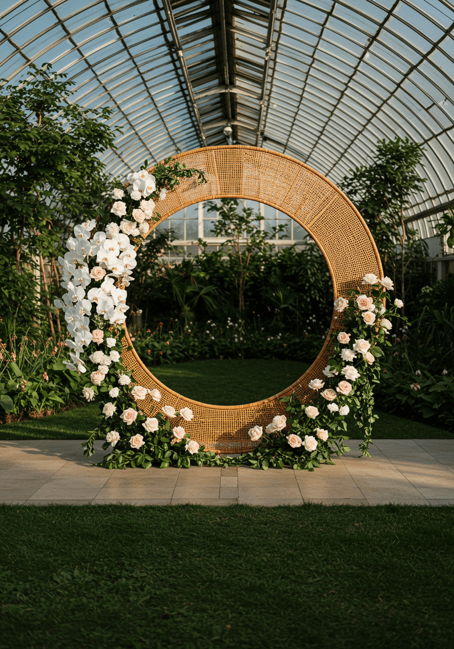Macro shot of circular rattan arch showing woven texture with trailing jasmine vines and orchid blooms