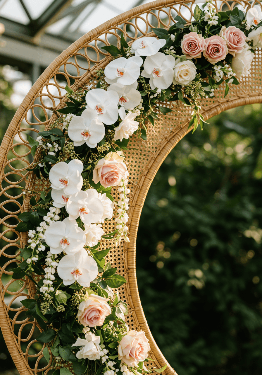 Circular rattan wedding arch with intricate weaving adorned with white orchids and pink roses in botanical garden