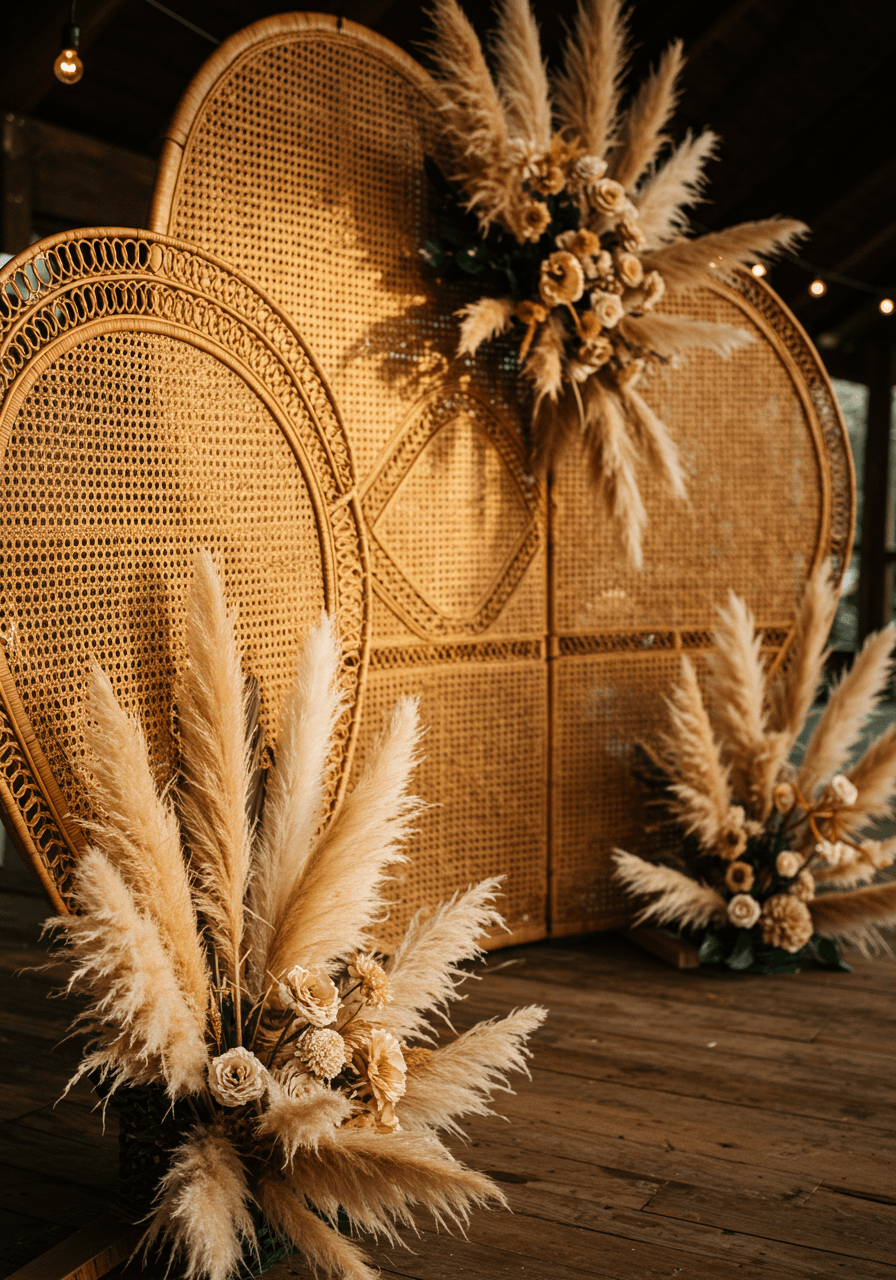 Intricate rattan wedding backdrop with geometric patterns and asymmetrical pampas grass arrangements at outdoor venue