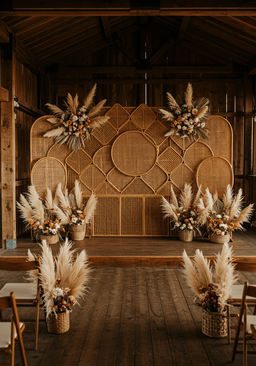 Detailed view of rattan weave texture and tall pampas grass plumes against rustic wooden ceremony platform with string lights