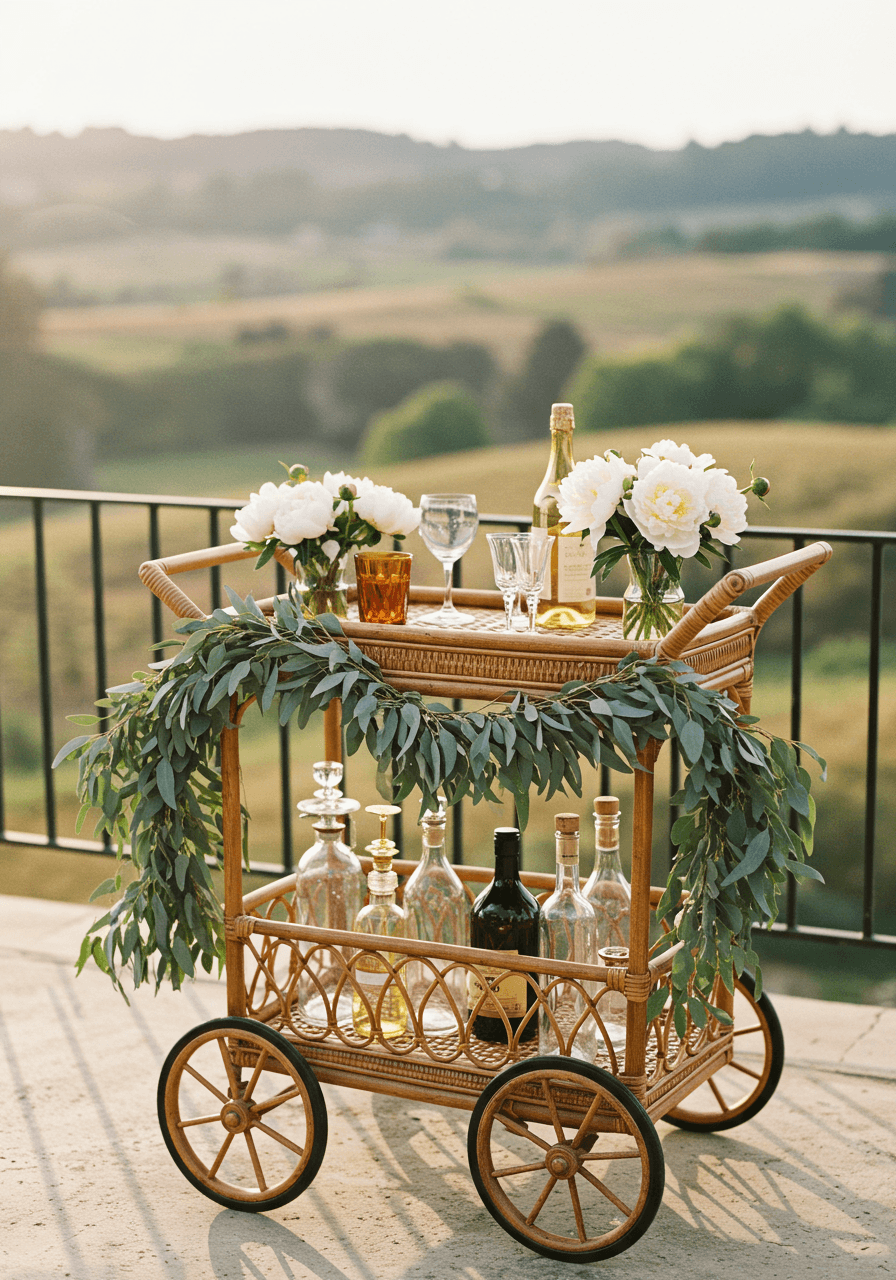 Rustic rattan bar cart adorned with cascading eucalyptus and white peonies on sunlit outdoor terrace overlooking hills at golden hour