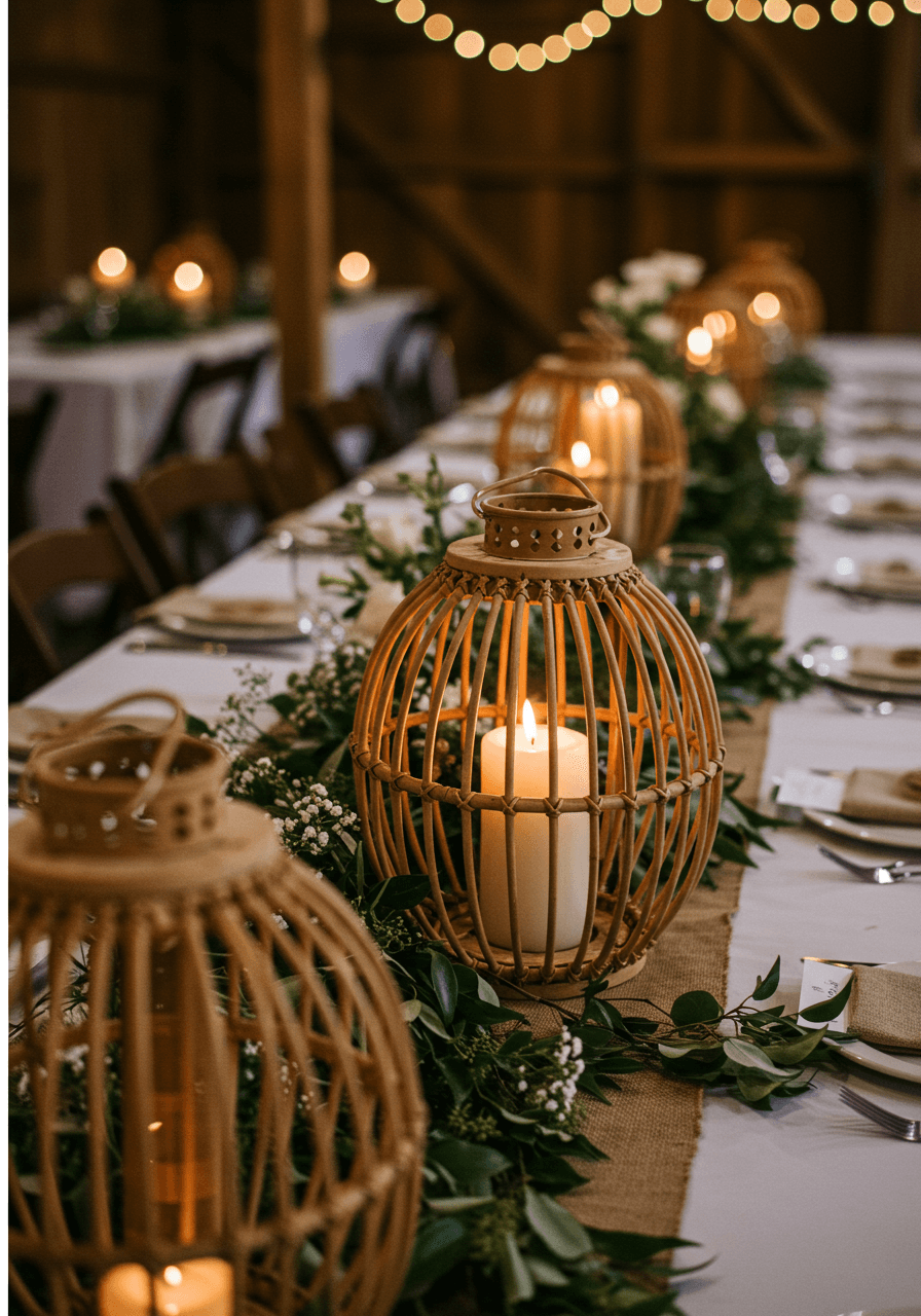Elaborate rattan lantern centrepieces with cascading greenery arranged down long farmhouse table in rustic barn venue