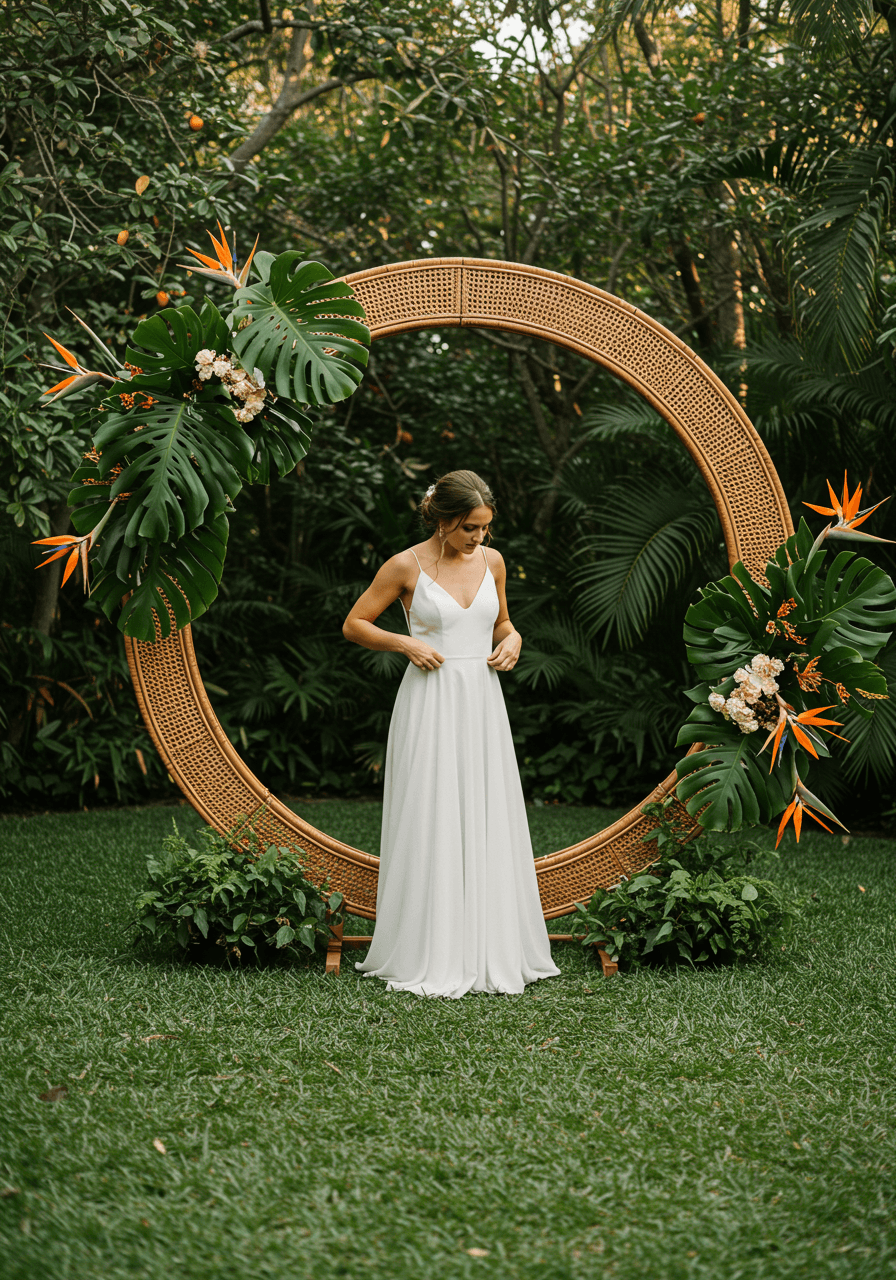 Bride in white gown within oversized circular rattan photo booth frame with monstera leaves and bird of paradise flowers in tropical garden