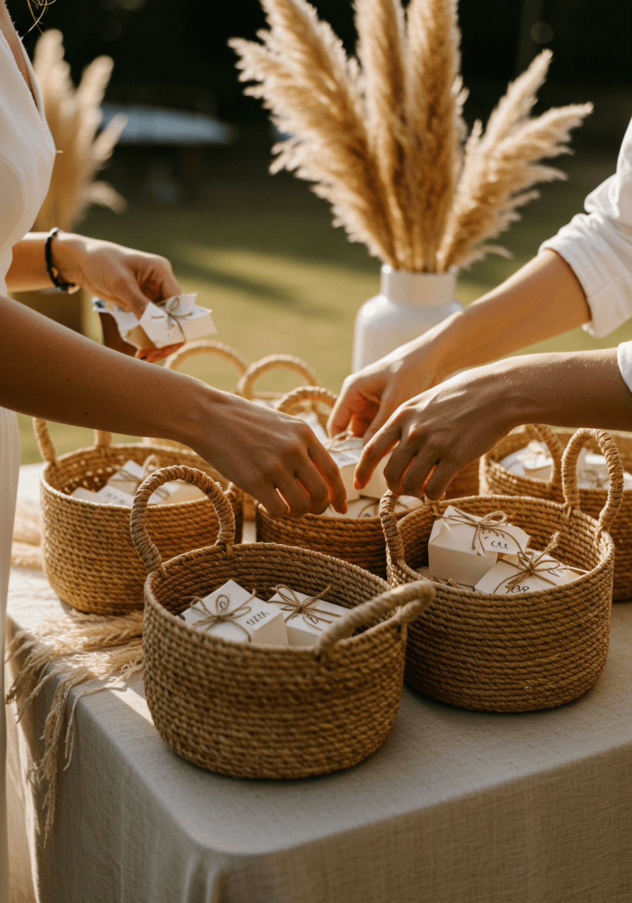 Overhead shot of hands arranging personalised favours in cane basket with twine-tied boxes and dried pampas