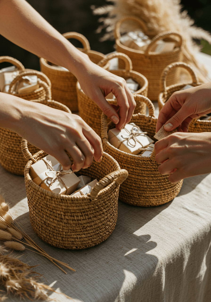 Hands placing wedding favours into woven cane basket with natural rope handle on linen table