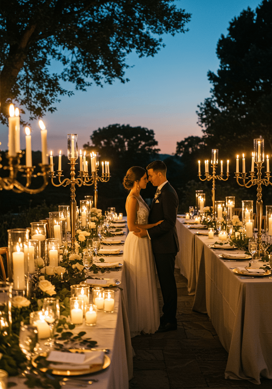 Bride and groom at candlelit outdoor garden reception with hundreds of flickering candles