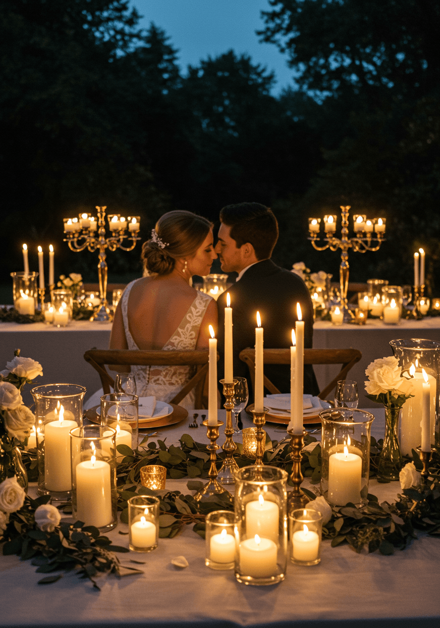 Close-up of romantic candle arrangement with glass hurricanes and white roses