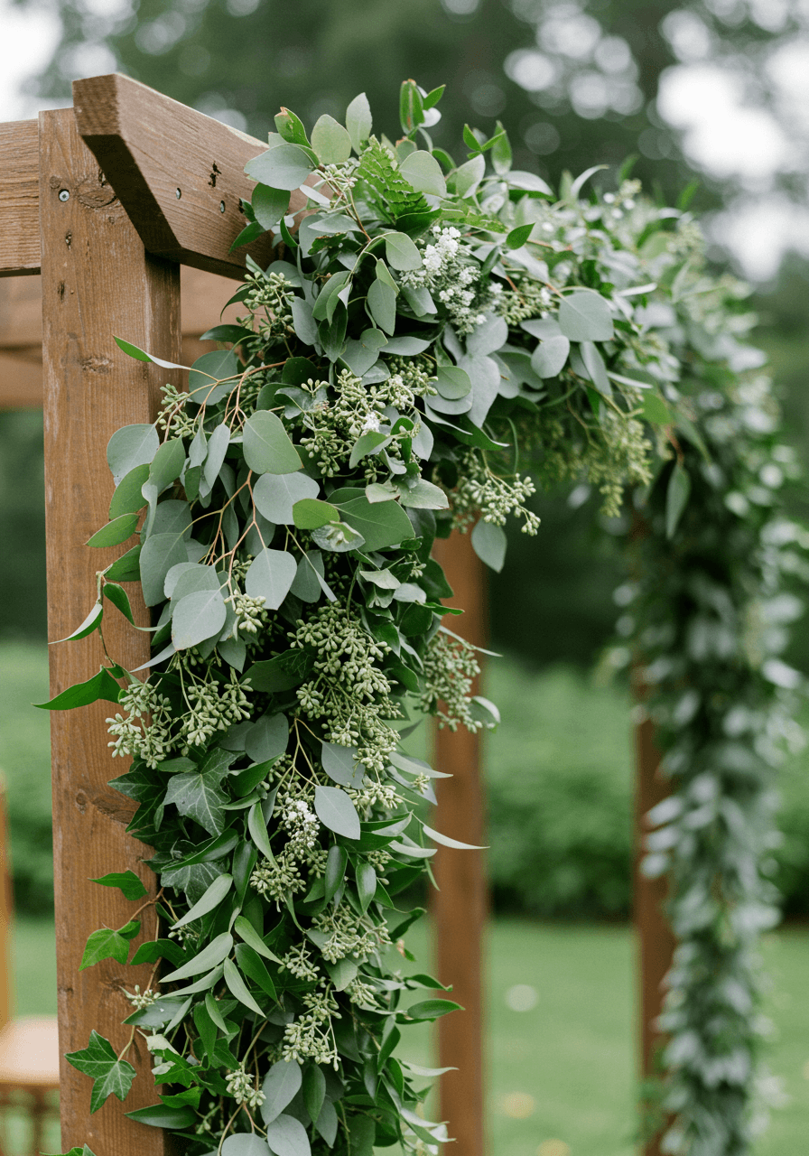 Close-up detail of cascading eucalyptus and ivy installation with varied textures and morning dew
