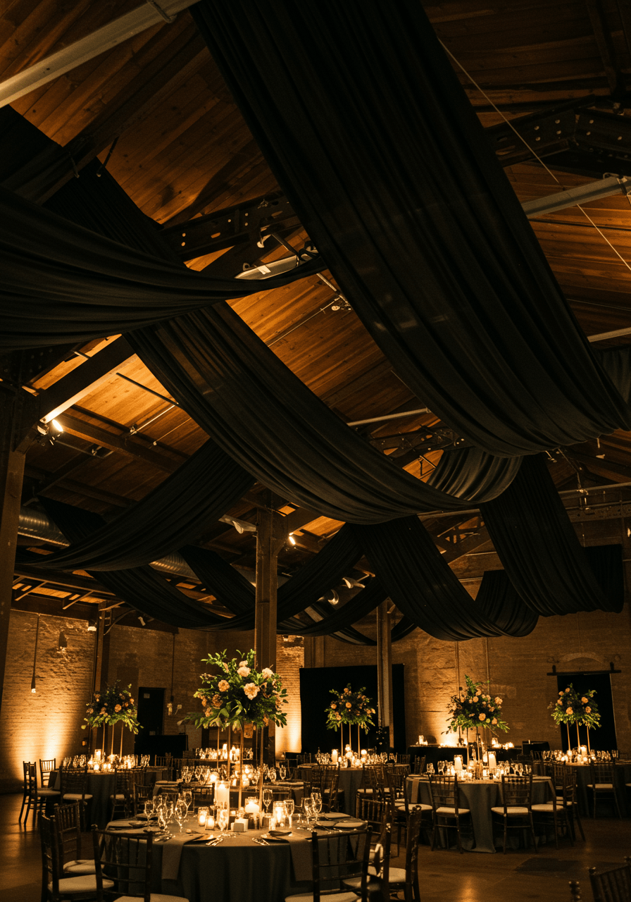 Dramatic black silk draping across warehouse ceiling with elegant reception tables below in moody lighting