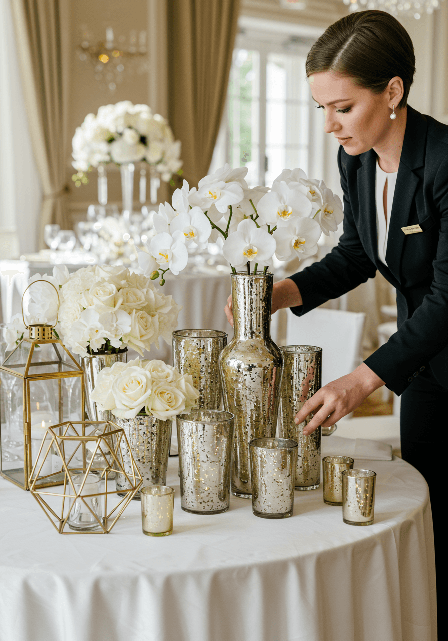 Close-up of silver mercury glass and gold geometric wedding centerpiece arrangements