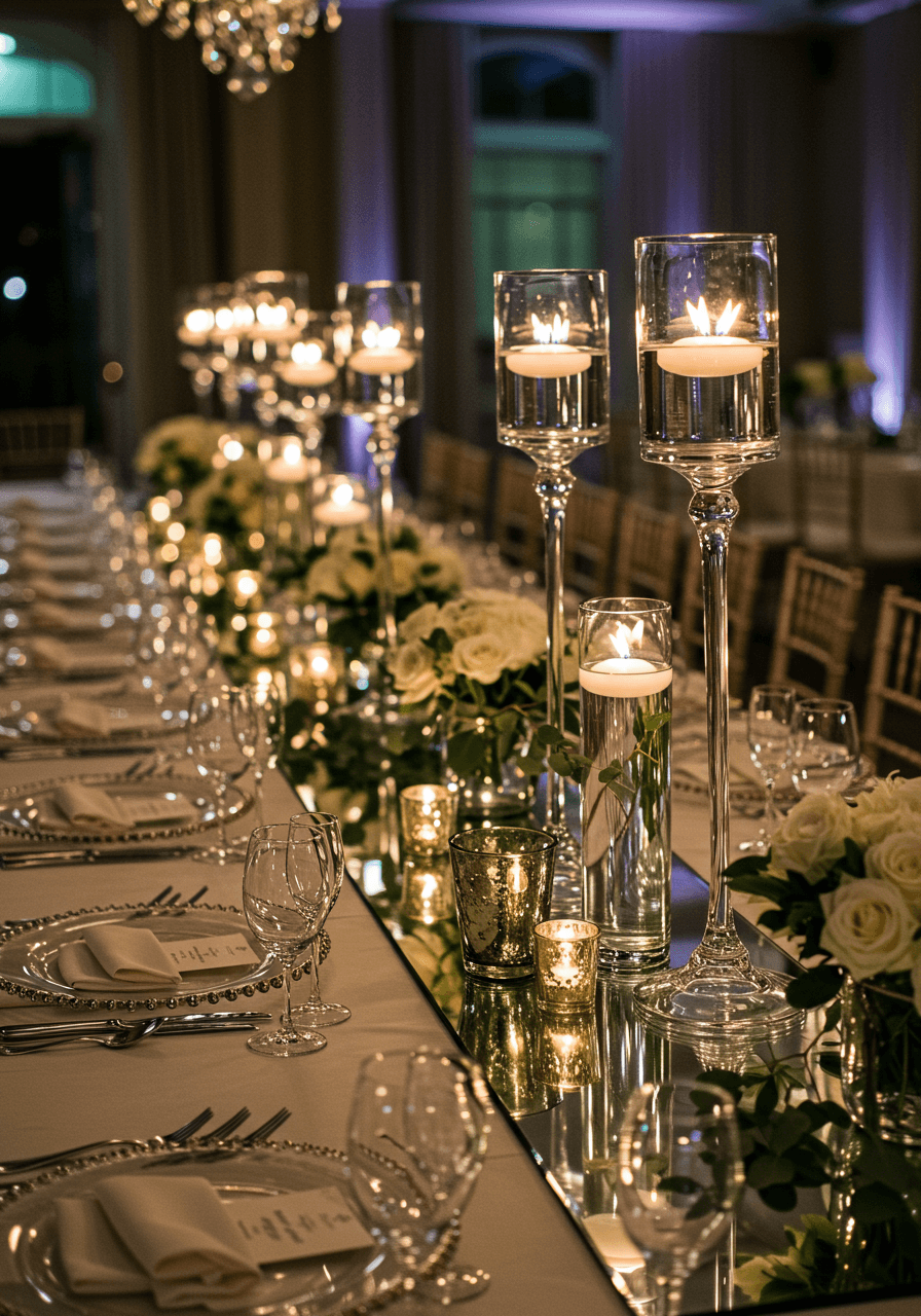 Elegant wedding table with mirrored charger plates and tall glass candelabras creating multiple reflections