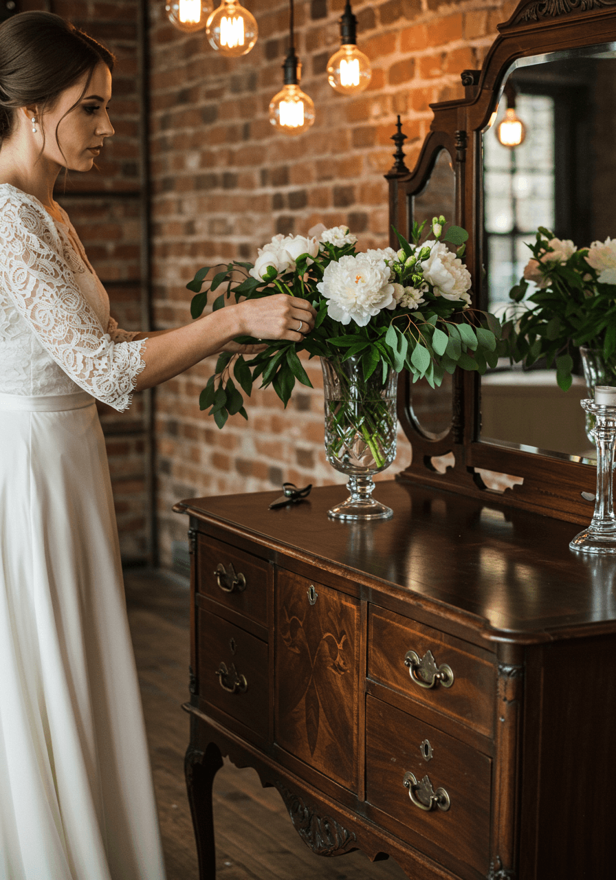Bride in ivory silk gown arranging white peonies on ornate antique mahogany vanity with crystal vase