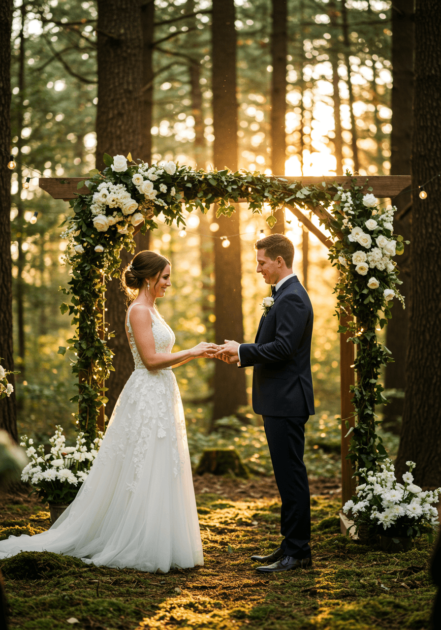 Woodland wedding ceremony with fairy lights and natural forest cathedral setting