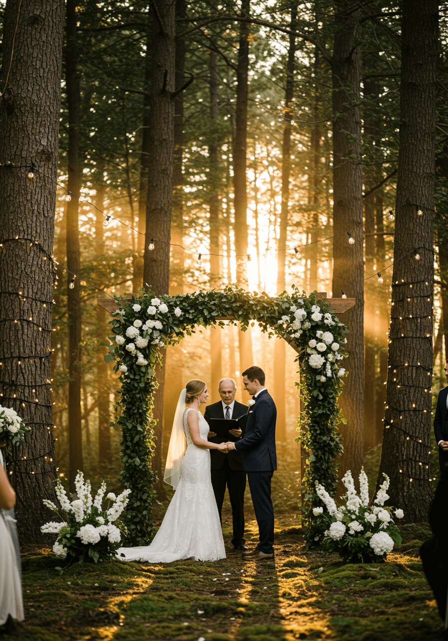Bride and groom exchanging vows under ivy-wrapped wooden arch among towering trees with string lights