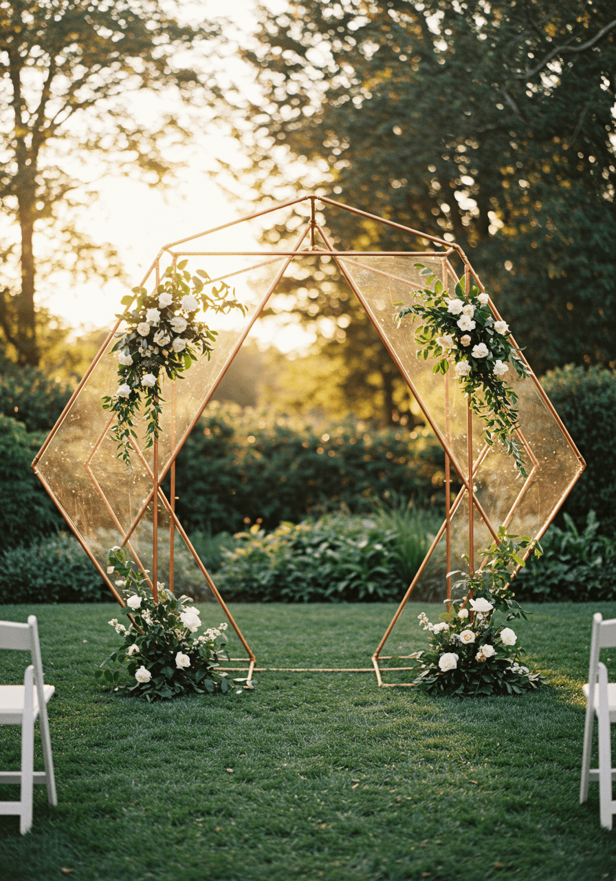 Geometric copper tube and translucent acrylic panel wedding arch in garden setting