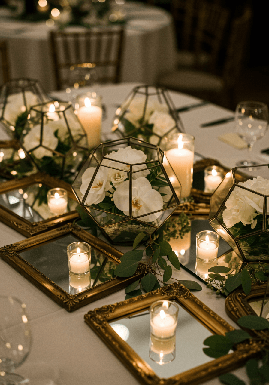 Geometric glass terrariums with white orchids on antique mirrored wedding table runners