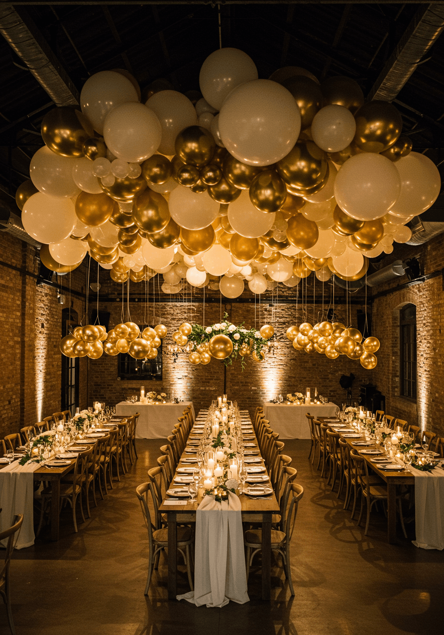 Metallic gold and ivory balloon installation suspended above reception tables in modern venue
