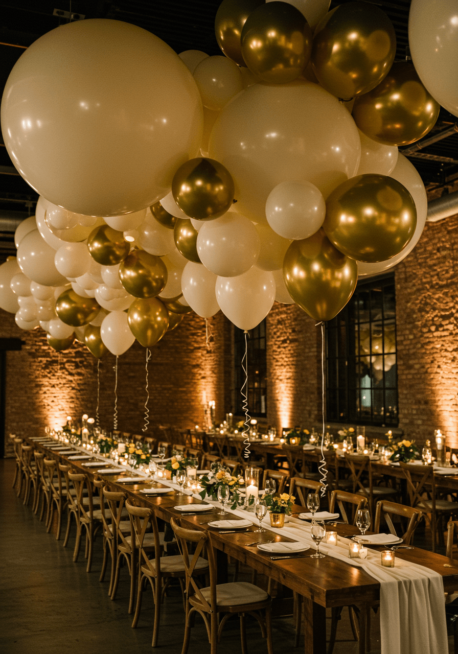 Close-up detail of varying sized gold balloons creating sculptural ceiling installation