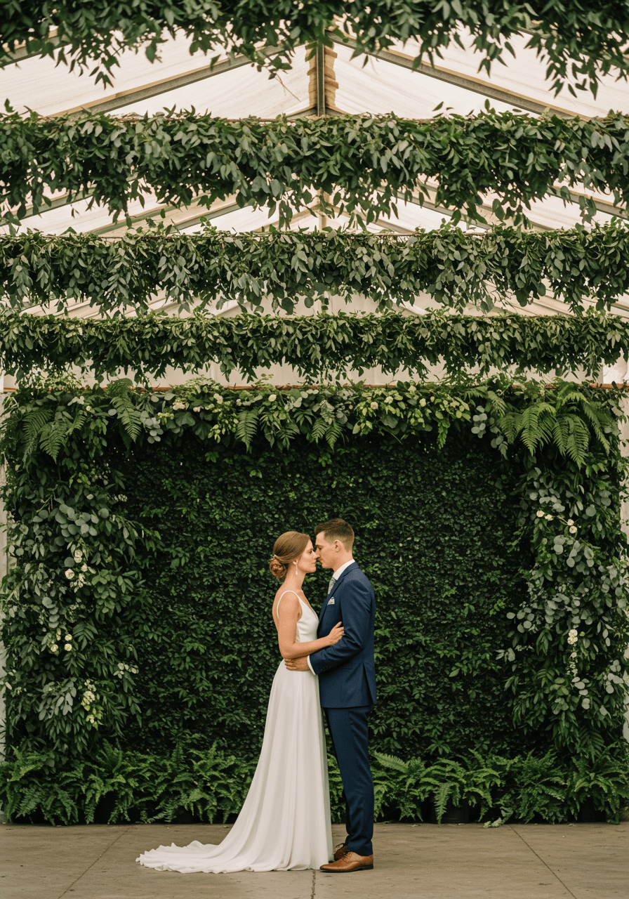Bride and groom standing before cascading eucalyptus and fern greenery wall backdrop