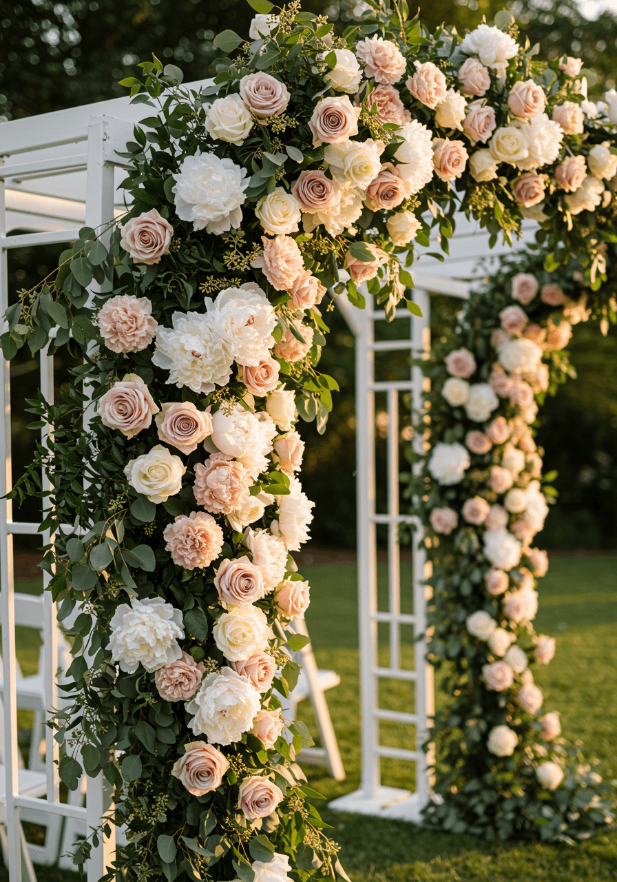 Close-up detail of cascading roses and eucalyptus on wedding ceremony arch